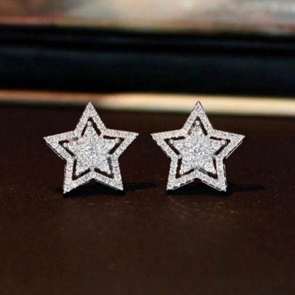 Diamond Star Burst Silver Stud Earrings - Picture 8 of 12